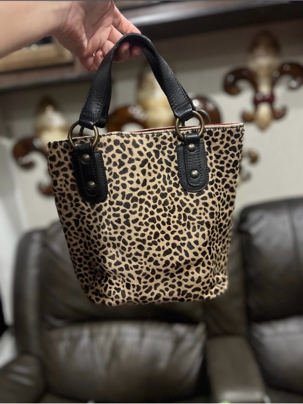 Maurizio Taiuti Leopard Calf Hair Leather Tote Handbag Made in Italy